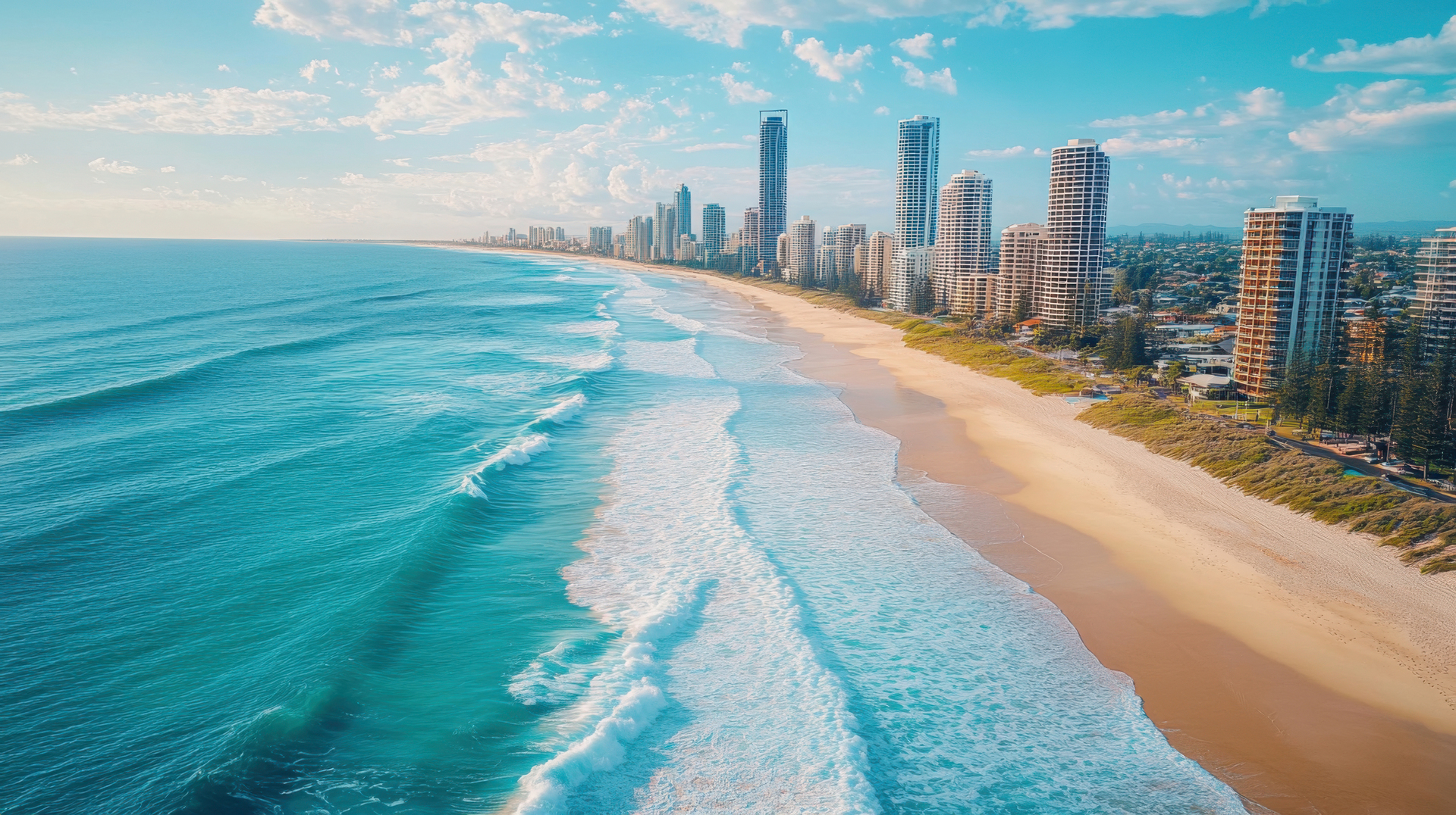 Ocean Waves Meet Beach Sand Tall Buildings Line The Coast